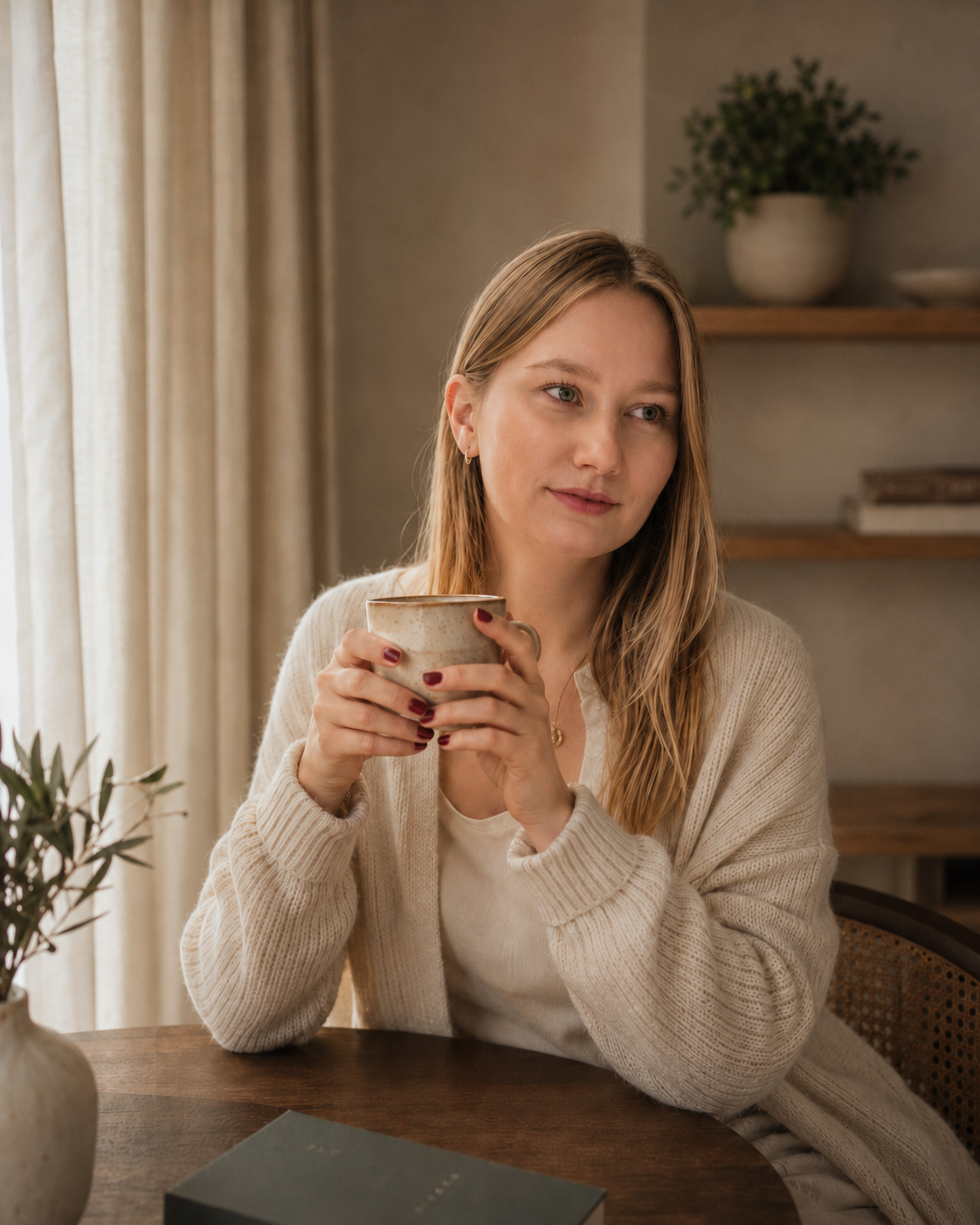 Anna holding a warm cup of tea on a slow morning