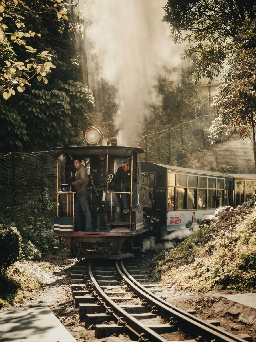 The Darjeeling Himalayan Railway toy train climbing through the hills