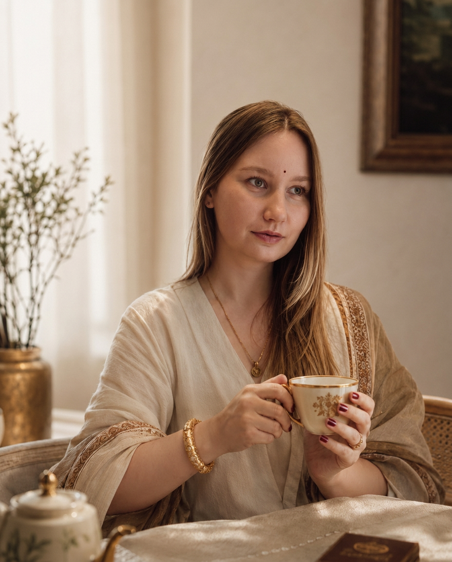 A quiet morning, holding a warm cup of tea by the window